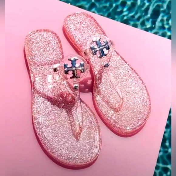 Tory Burch Mini Miller Jelly Thong Sandals- Pink love/ silver Glitter sandals - Picture 1 of 13